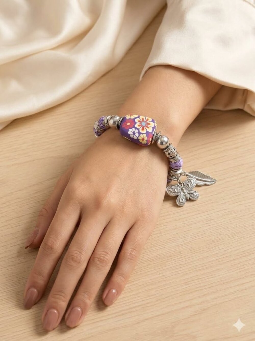 BeadEeye Purple Floral Bracelet Resin Beads Butterfly Feather